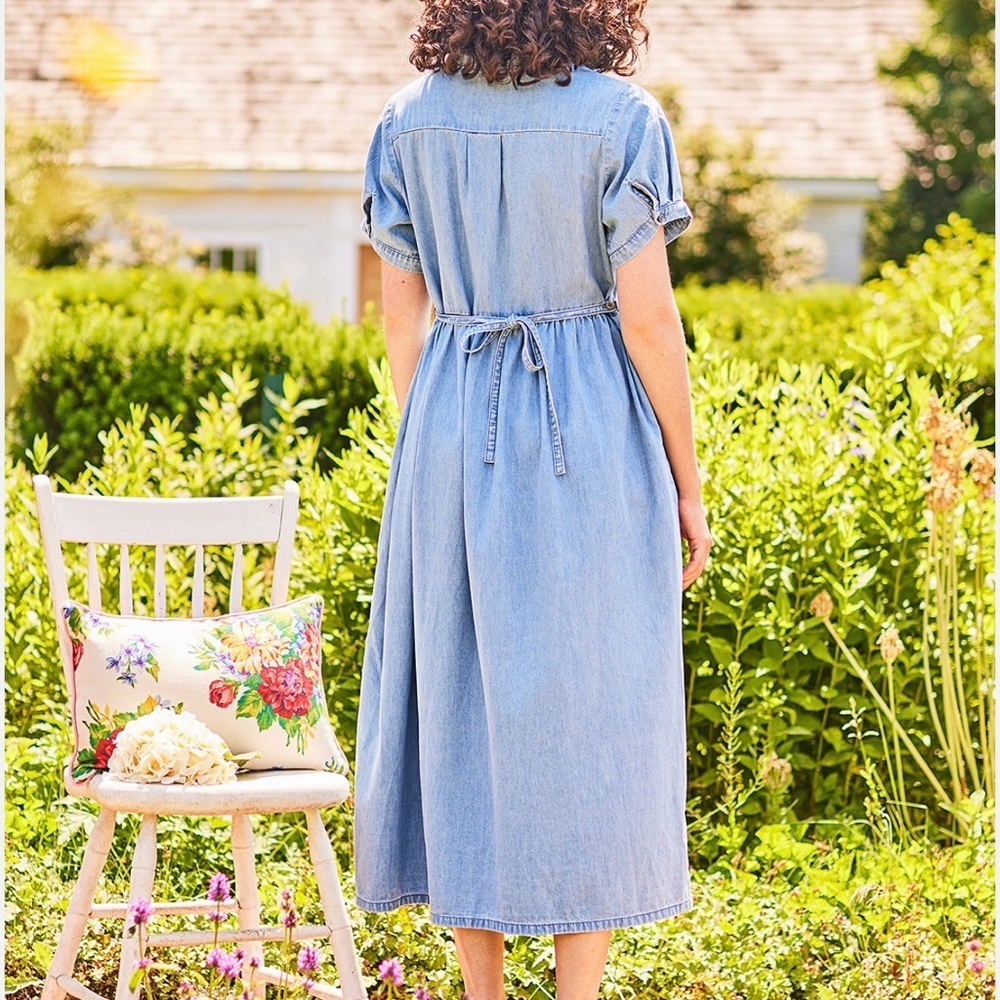 April Cornell Floral Embroidered Denim Midi Dress Cottagecore Light Wash Size L - Picture 14 of 14